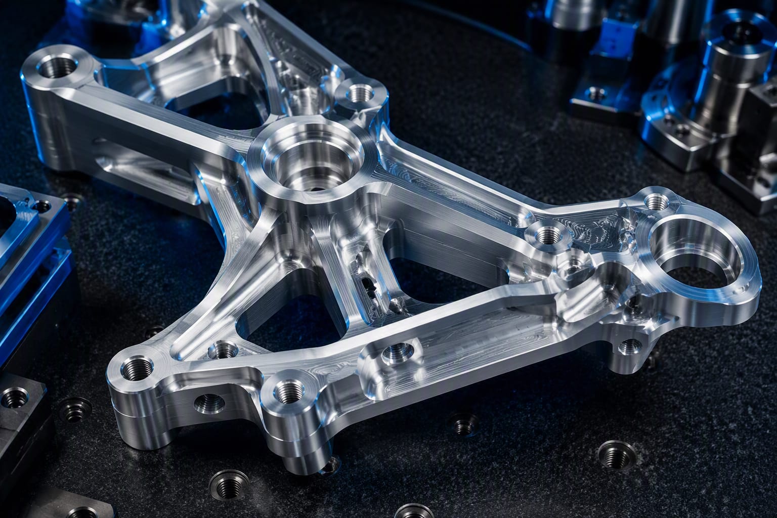 Machined aluminum bracket with milled pockets and drilled holes on a granite surface