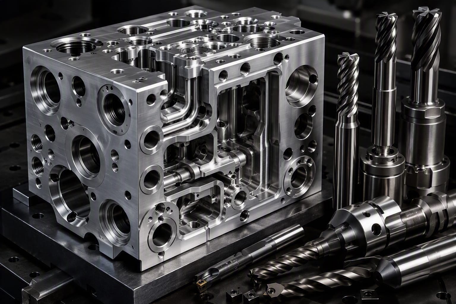 Machined aluminum manifold block beside end mills and boring tools