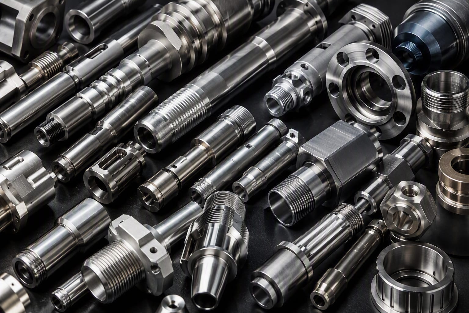 Assorted precision-turned metal parts laid out on a dark surface